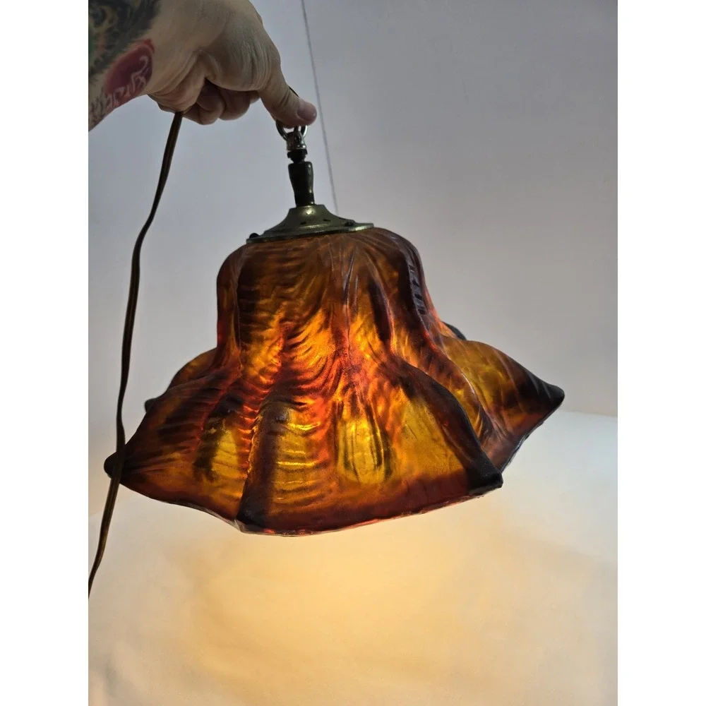 Vintage Mid Century Modern MCM SWAG Lamp Light Amber Glass Pendant Swag Lamp